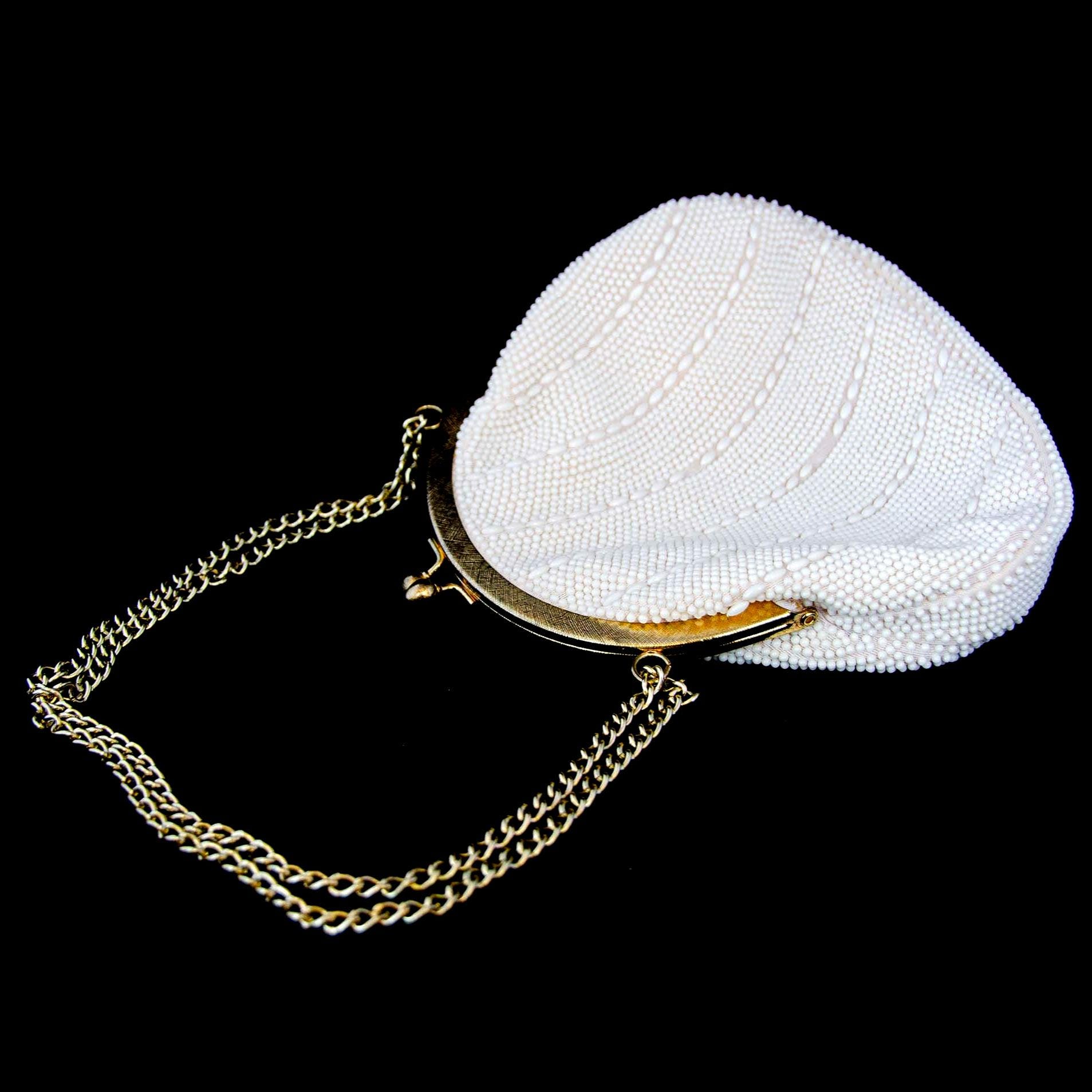 1960S Pure White Beaded Purse with Shoulder Strap