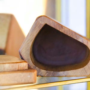 Hand-carved, wooden, dark-brown angular 2 x 3 x 2&quot; trinket box with leather