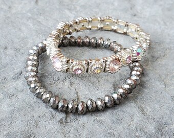 2 Stretch Bracelets - Colored Crystal and Metallic Bead