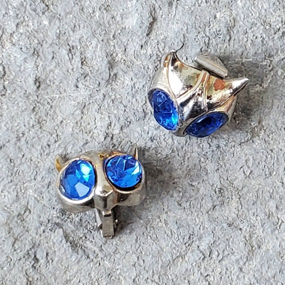 1960s Owl Earrings Sterling Silver with Royal Blu… - image 2