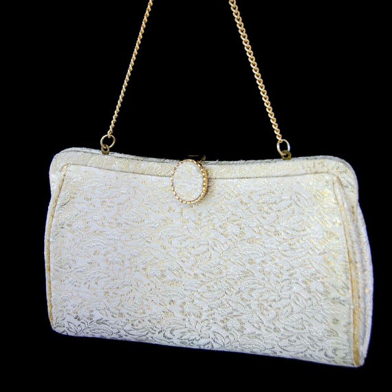 Borsa in broccato con stampa dorata anni '60 con tracolla a catena