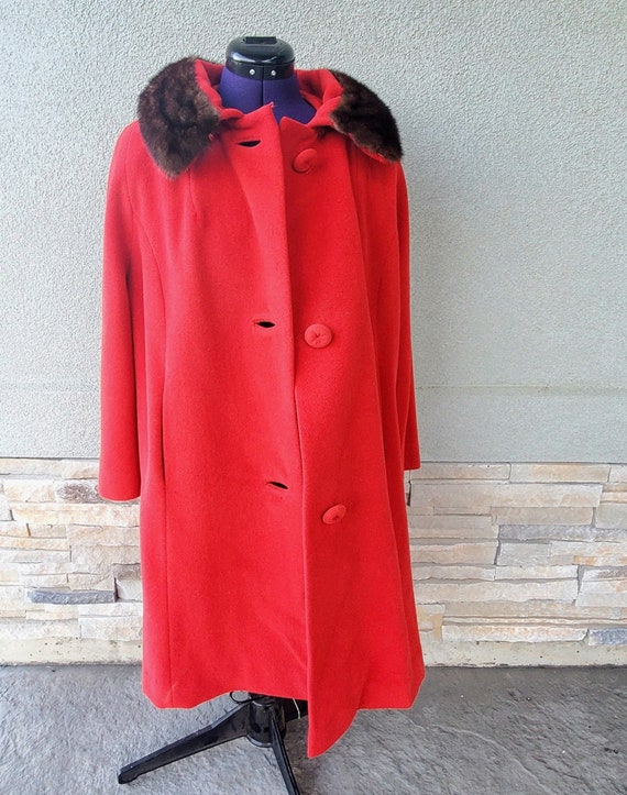 1950-60s Bright Red Wool Swing Jacket with Real F… - image 2