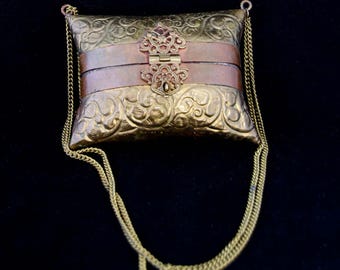 1930&#39;s Velvet-Lined Copper and Brass Repousse Pillow Box Purse