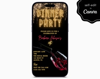 Black and Gold Elegant Birthday Dinner Party Event Wine Digital Electronic Mobile Phone Canva Template Editable Invitation Instant Download