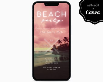 Beach Birthday Party Event Celebration Digital Electronic Mobile Phone Canva Template Editable Invitation Instant Download