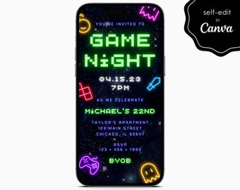 Neon Video Game Night Verjaardagsfeestje Evenement Digitale Elektronische Mobiele Telefoon Canva Sjabloon Bewerkbare Uitnodiging Instant Download