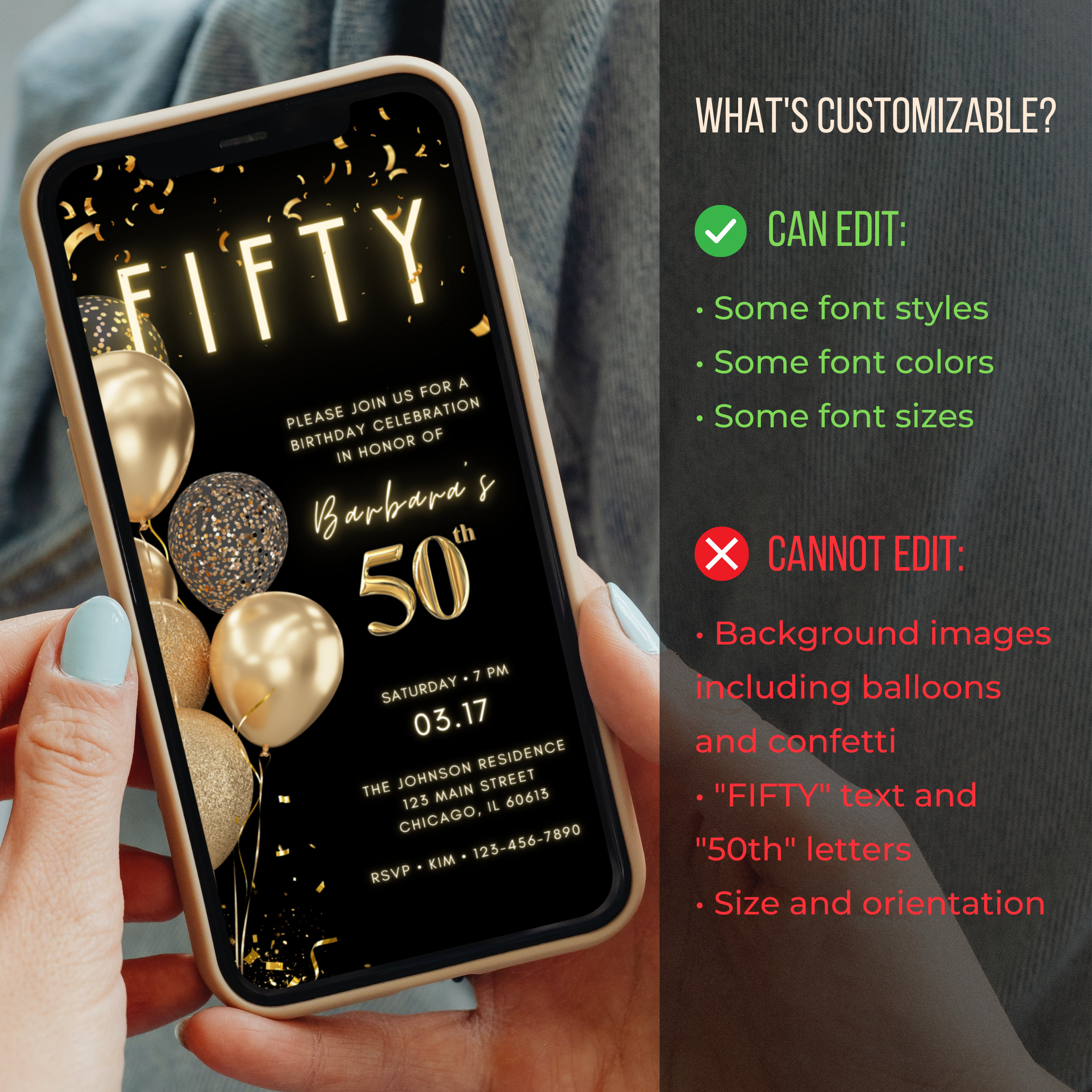 50th Fifty Black and Gold Birthday Party Event Electronic Digital