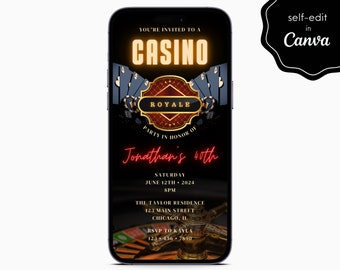 Casino Royale Poker Birthday Party Game Night Digital Electronic Mobile Phone Canva Template Editable Invitation Instant Download