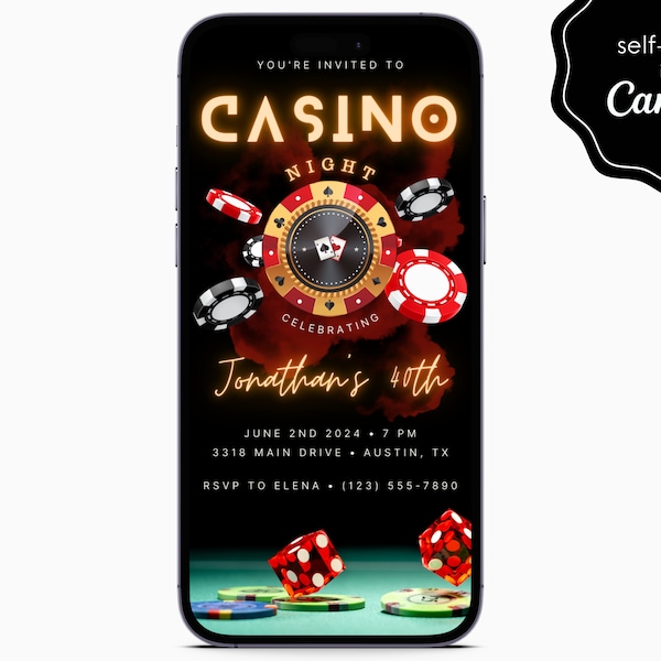 Casino Birthday Party Game Night Digital Electronic Mobile Phone Canva Template Editable Invitation Instant Download