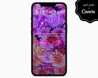 Birthday Brunch Floral Girly Purple Pink Party Event Electronic Digital Mobile Phone Canva Template Editable Invitation Instant Download
