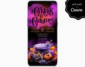 Editable Halloween Party Cocktails & Costumes Digital Invite, Purple Electronic Mobile Phone Canva Template Invitation Instant Download