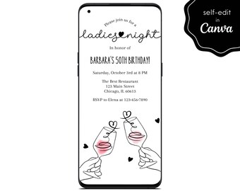 Digital Ladies Night Birthday Party Invite, Minimalist Wine Party, Electronic Mobile Phone Template Editable Invitation Instant Download