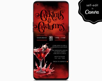 Editable Halloween Party Cocktails & Costumes Digital Invite, Black Red Electronic Mobile Phone Canva Template Invitation Instant Download