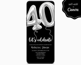 40th Birthday Party Digital Invite, Minimalist Black and White, Balloons, Mobile Phone Template Editable Invitation Instant Download