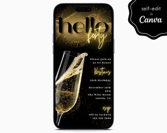 Black and Gold Glitter Birthday Party Event Champagne Digital Electronic Mobile Phone Canva Template Editable Invitation Instant Download