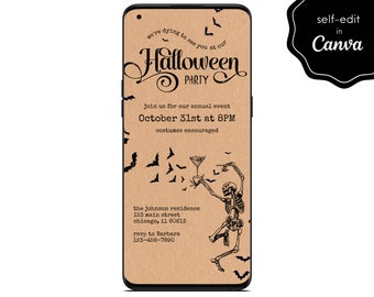 May include: A brown and black digital invitation for a Halloween party. The invitation features a skeleton dancing with a martini glass, bats, and the text "we're dying to see you at our Halloween party". The invitation also includes the date and time of the party, the address, and the RSVP information.