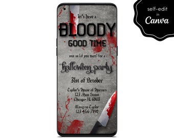 Halloween Party Digital Invite, Bloody Good Time, Event Electronic Mobile Phone Canva Template Editable Invitation Instant Download