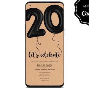 20th Birthday Party Digital Invite, 20th Bday Balloons, Minimalist Black, Mobile Phone Template Editable Invitation Instant Download image 1