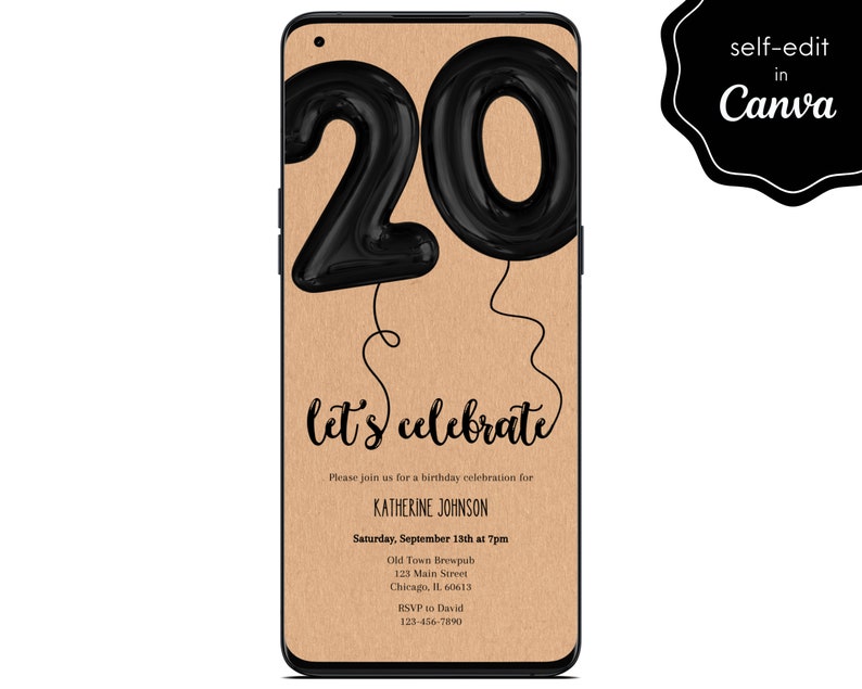 20th Birthday Party Digital Invite, 20th Bday Balloons, Minimalist Black, Mobile Phone Template Editable Invitation Instant Download image 1