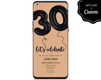 30th Birthday Party Digital Invite, Thirty Bday Balloons, Minimalist, Mobile Phone Template Editable Invitation Instant Download