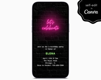 Laten we Black & Neon Sign verjaardagsfeestevenement vieren Digitale elektronische telefoon Canva-sjabloon Bewerkbare uitnodiging Direct downloaden