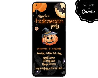 Halloween Party Digital Invite, Pumpkin Halloween Invite, Event Electronic Mobile Phone Canva Template Editable Invitation Instant Download