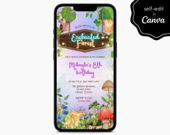 Enchanted Forest Whimsical Magical Birthday Party Event Electronic Digital Mobile Phone Canva Template Editable Invitation Instant Download