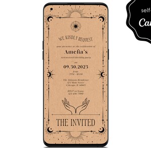 Invitación digital de fiesta de cumpleaños de tarjeta de tarot mínima electrónica, plantilla de teléfono móvil de evento de astrología invitación editable Descarga instantánea