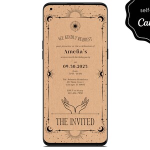 Electronic Minimal Tarot Card Birthday Party Digital Invite, Astrology Event Mobile Phone Template Editable Invitation Instant Download image 1