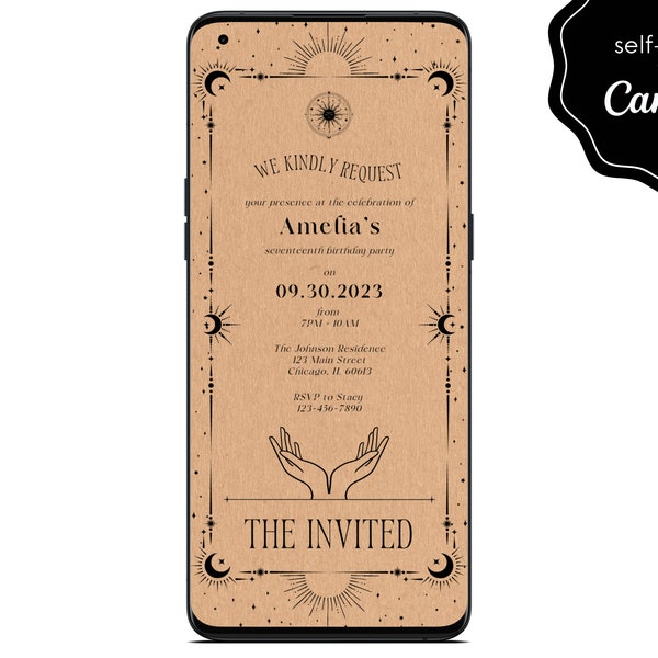 Electronic Minimal Tarot Card Birthday Party Digital Invite, Astrology Event Mobile Phone Template Editable Invitation Instant Download