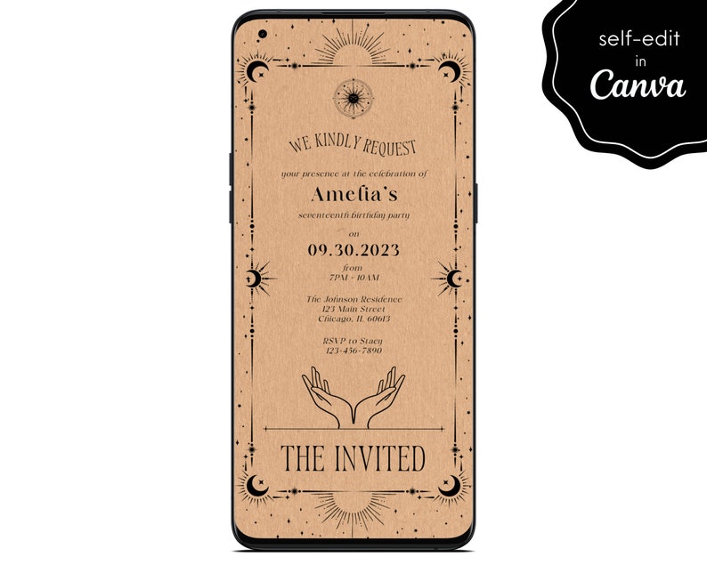 Electronic Minimal Tarot Card Birthday Party Digital Invite, Astrology Event Mobile Phone Template Editable Invitation Instant Download image 1