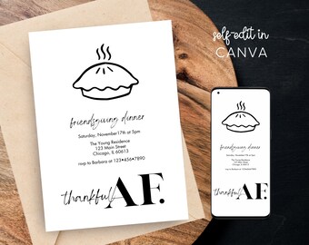 Editable Friendsgiving Thanksgiving Black White Minimalist Party Digital & Print Invite, Electronic Canva Template Invitation Instant Edit