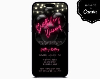 Black & Neon Pink Birthday Party Event Digital Electronic Mobile Phone Canva Template Editable Invitation Instant Download