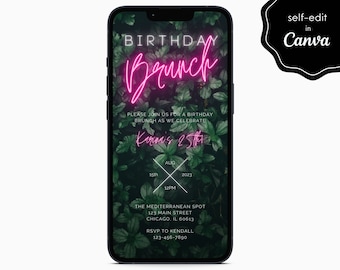 Birthday Brunch Neon Pink Party Event Electronic Digital Mobile Phone Canva Template Editable Invitation Instant Download