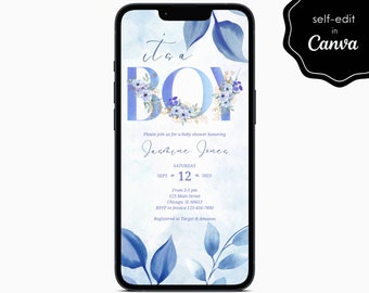 It's a Boy Baby Shower Floral Blue Party Event Electronic Digital Mobile Phone Canva Template Editable Invitation Instant Download