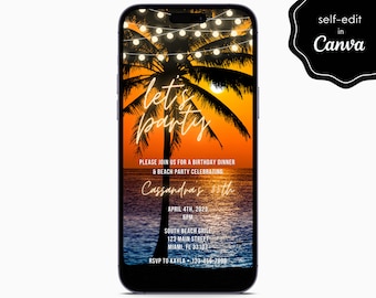 Tropical Sunset Beach Palm Tree Birthday Party Event Digital Electronic Mobile Phone Canva Template Editable Invitation Instant Download