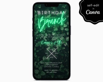 Birthday Brunch Neon Mint Green Party Event Electronic Digital Mobile Phone Canva Template Editable Invitation Instant Download
