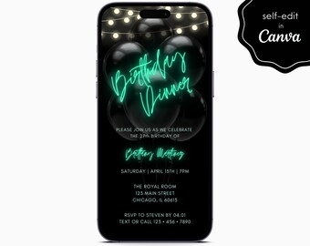 Black & Neon Mint Green Birthday Party Event Digital Electronic Mobile Phone Canva Template Editable Invitation Instant Download