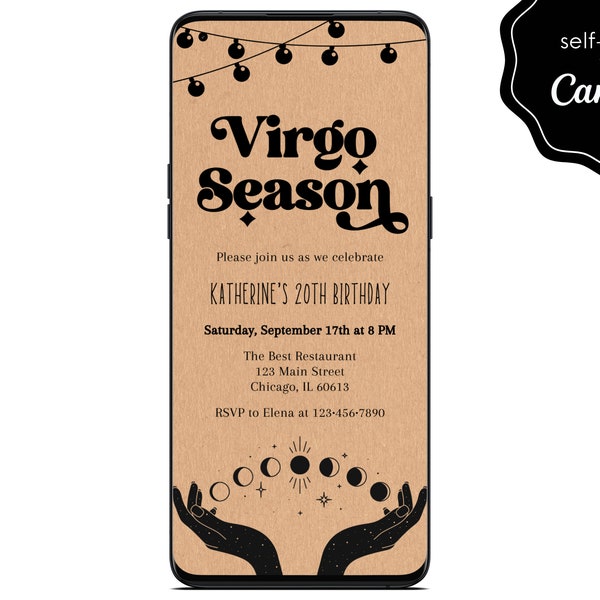 Electronic Virgo Season Minimal Birthday Party Digital Invite, Astrology, Horoscope, Event Mobile Phone Editable Invitation Instant Download