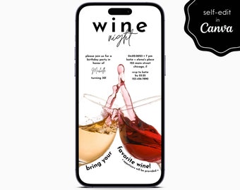 Wine Night Birthday Party Event Digital Electronic Mobile Phone Canva Template Editable Invitation Instant Download