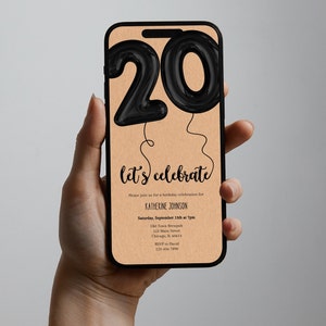 20th Birthday Party Digital Invite, 20th Bday Balloons, Minimalist Black, Mobile Phone Template Editable Invitation Instant Download image 3
