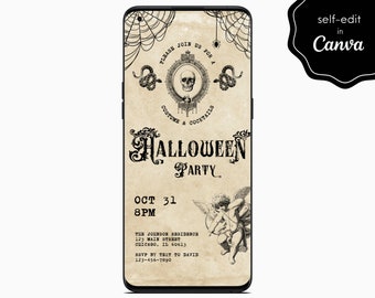 Halloween Party Digital Invite, Gothic Victorian Cherub Event Electronic Mobile Phone Canva Template Editable Invitation Instant Download