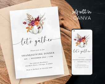 Thanksgiving Dinner Let's Gather Simple Holiday Party Invite Event Electronic Mobile Phone Template Editable Invitation Instant Download