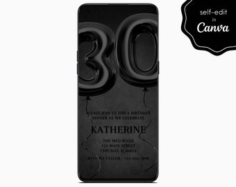 All Black Minimalist 30th Birthday Party Digital Invite, Monochrome 30 Balloons, Mobile Phone Template Editable Invitation Instant Download