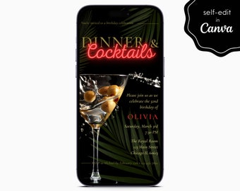 Retro Fancy Dinner Cocktails Birthday Party Event Digital Electronic Mobile Phone Canva Template Editable Invitation Instant Download