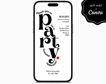 Retro Stacked Minimal Black White Birthday Party Event Digital Electronic Mobile Phone Canva Template Editable Invitation Instant Download