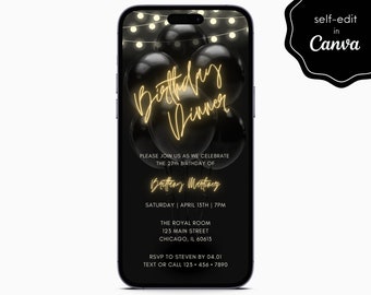 Black & Gold Birthday Party Event Digital Electronic Mobile Phone Canva Template Editable Invitation Instant Download