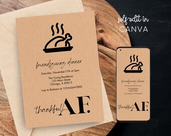 Editable Friendsgiving Turkey Thanksgiving Holiday Minimalist Party Digital Invite, Electronic Canva Template Invitation Instant Download