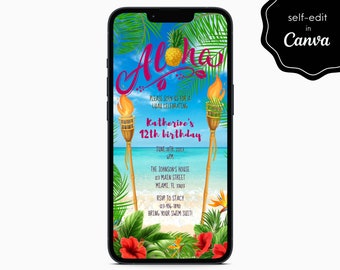 Hawaiian Luau Tropical Aloha Birthday Party Event Electronic Digital Mobile Phone Canva Template Editable Invitation Instant Download