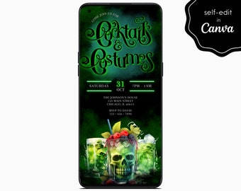 Editable Halloween Party Cocktails & Costumes Digital Invite, Black Green Electronic Mobile Phone Canva Template Invitation Instant Download